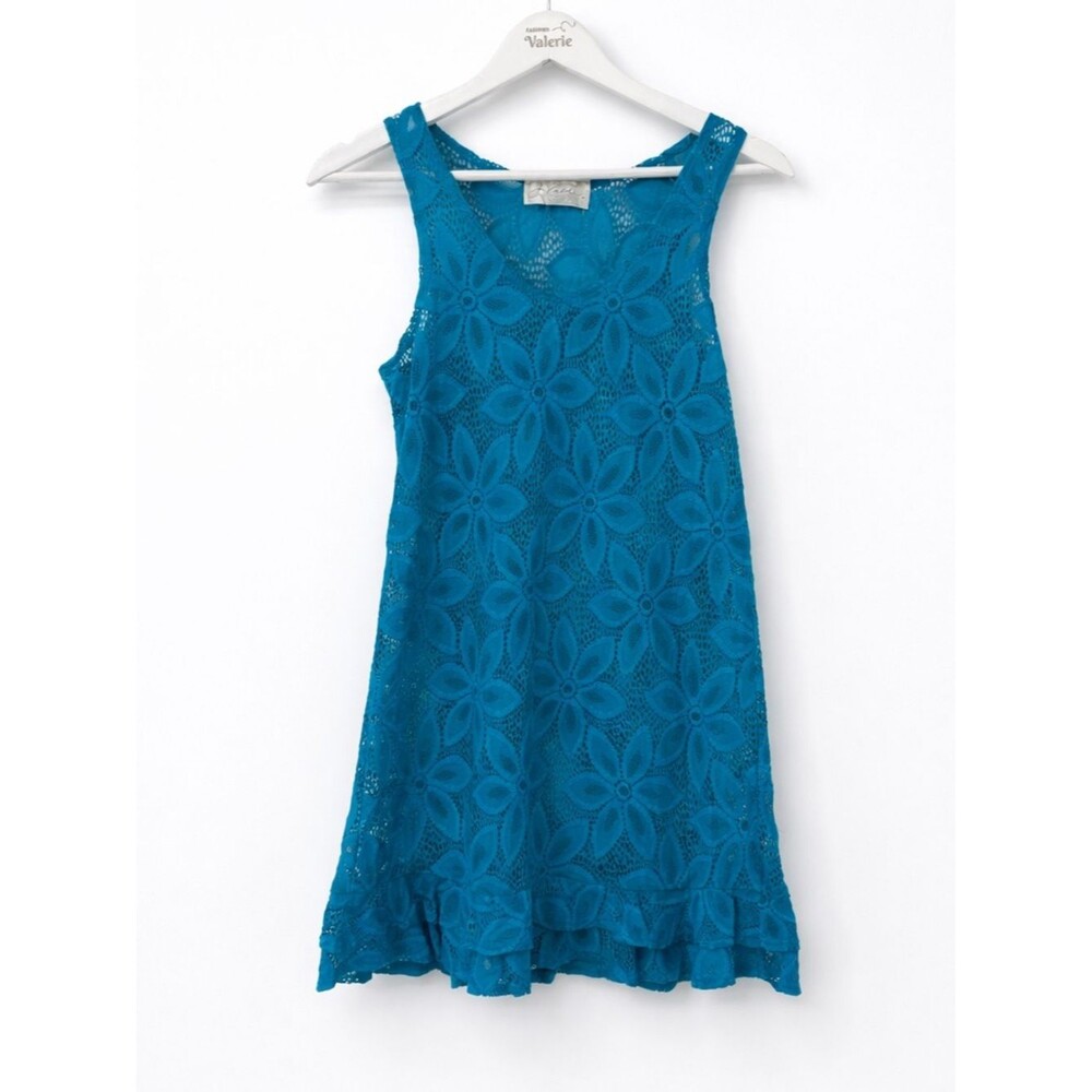 J Valdi Blue Sheer Swim Cover Dress Ruffle Mesh Size Medium Vacation Summer